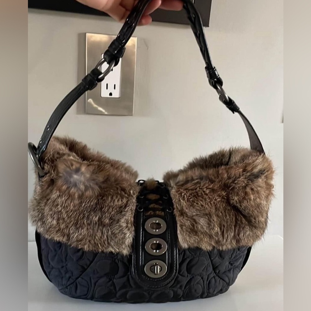 Coach handbag - black with fur leather trim